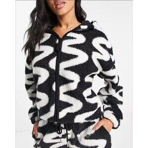 Asos Black And White Scribble Borg Teddy Fleece Hoodie sz 10 Funky Punk